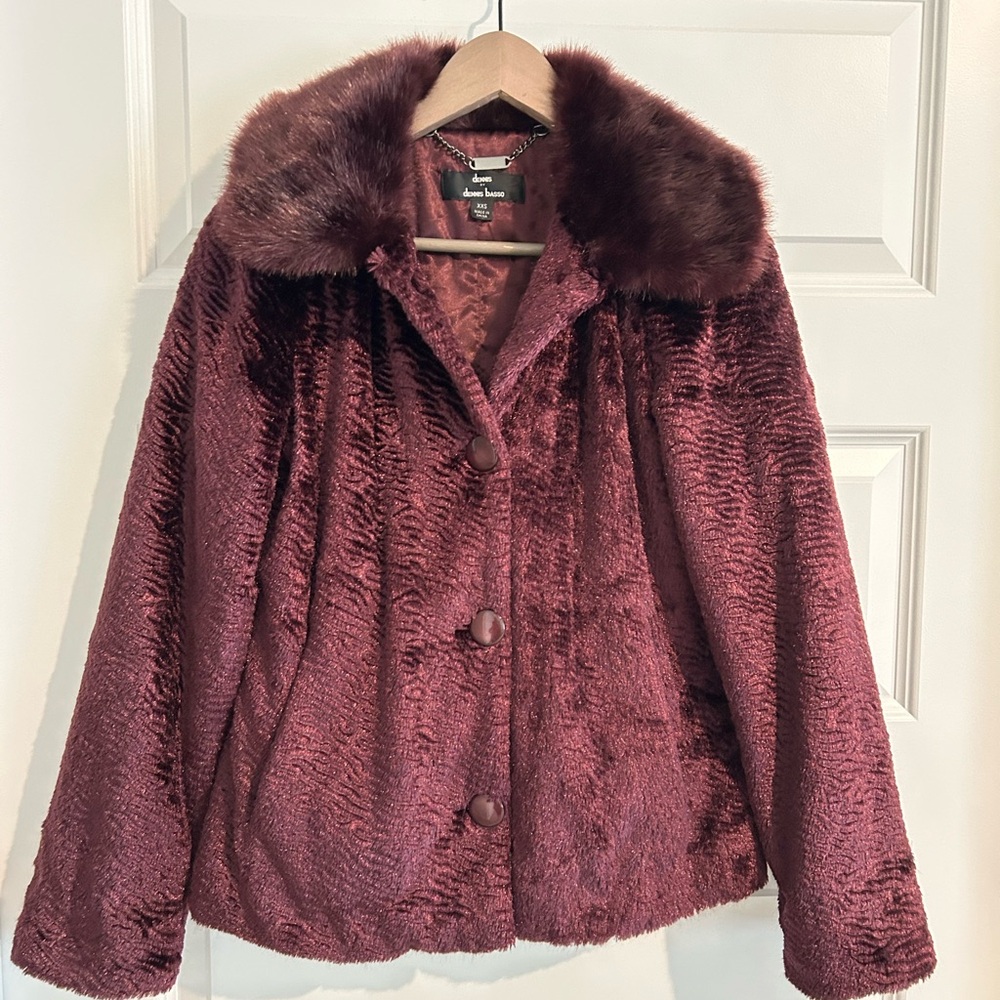 Dennis Basso Burgundy Faux Fur Jacket Size XXS